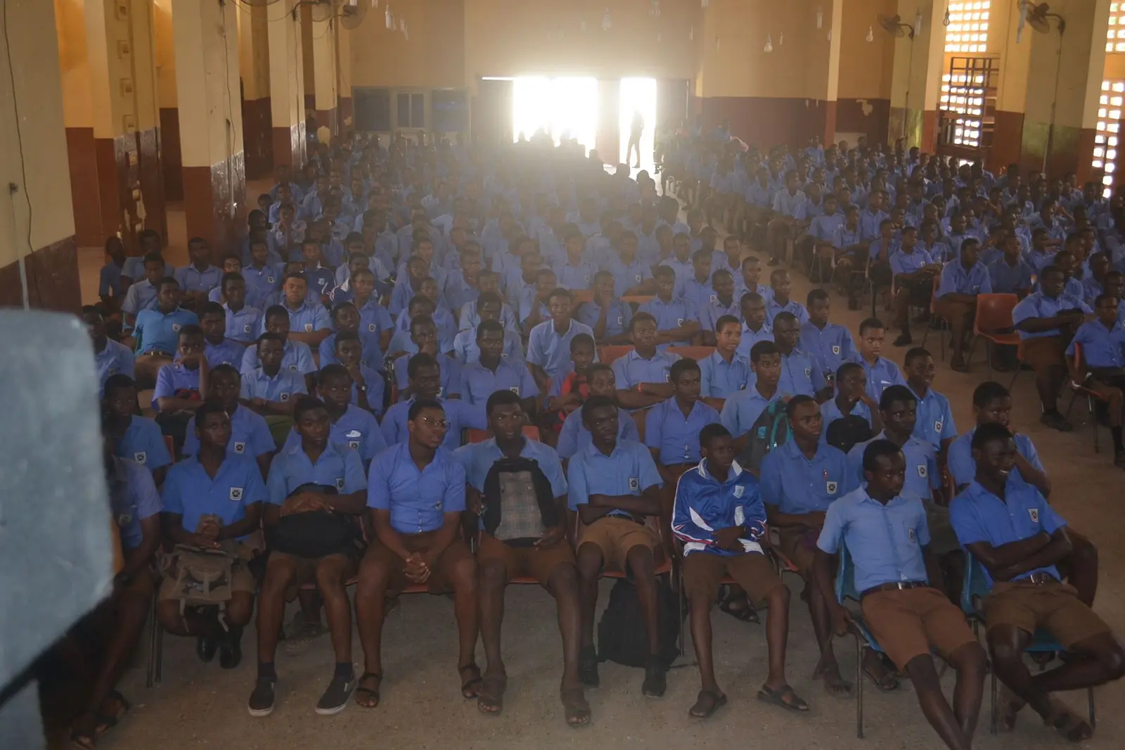 The whole school seated in the assembly hall
